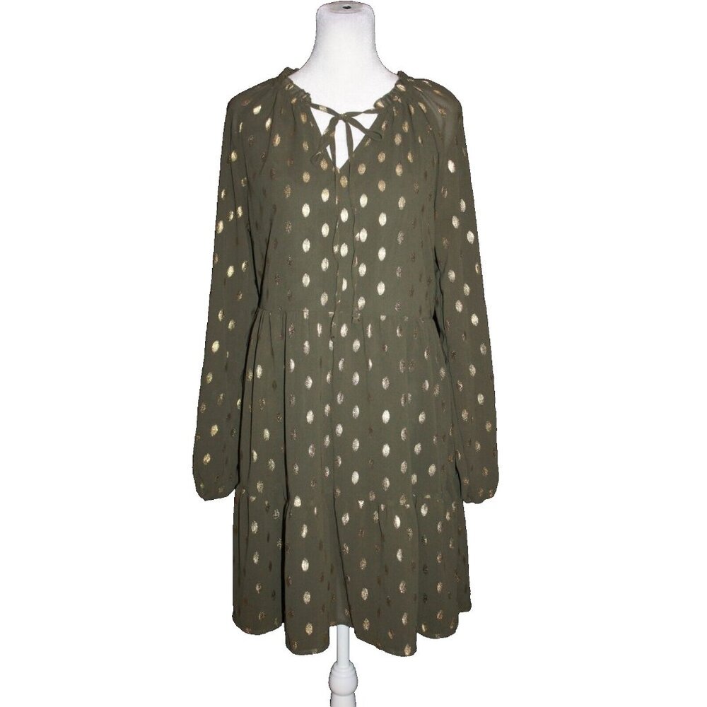 Kirundo Olive Green Metallic Gold Dot Dress Size Medium V-Neck Ruffle Lined